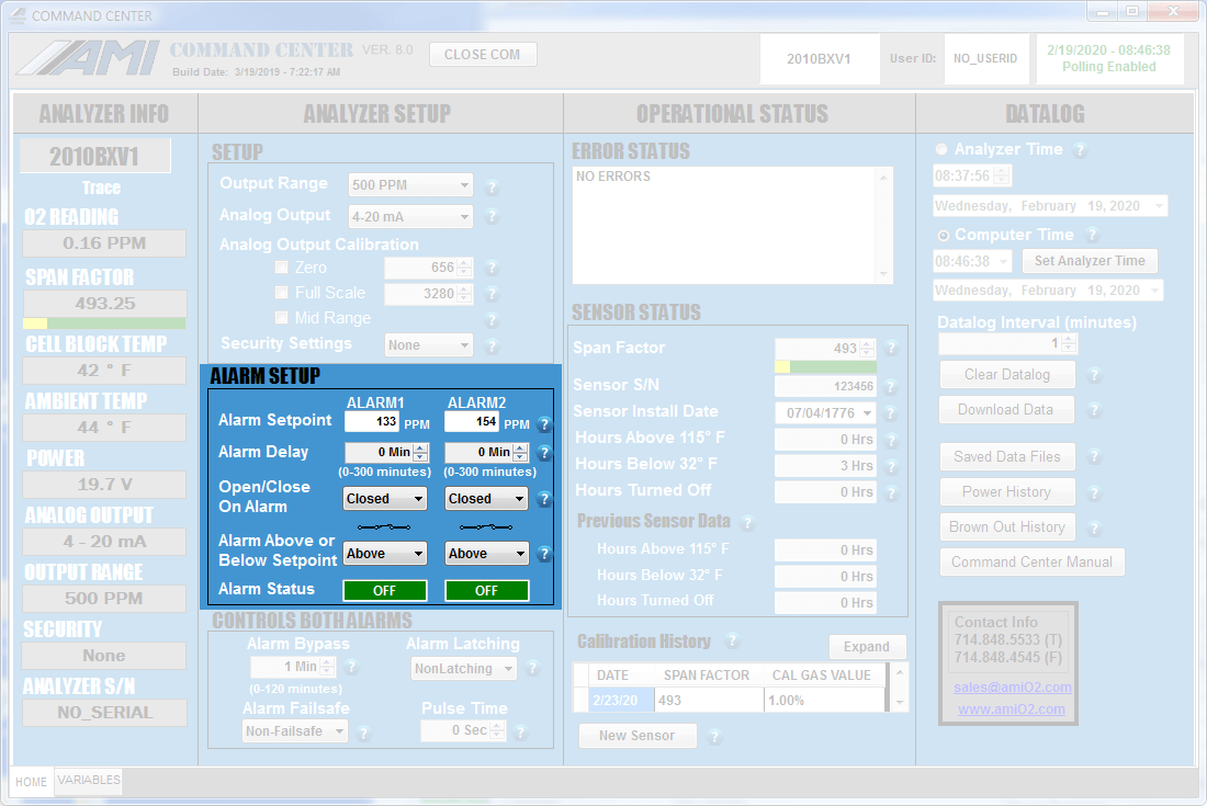 The analyzer alarm logic setup area